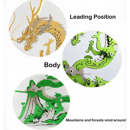 Detailed showcase of a majestic steampunk dragon metal model 3D puzzle, featuring close-ups of its 'Leading Position' head, 'Body' with green segments, and 'Mountains and forests wind around' base, an intricate mechanical steampunk puzzle kit for enthusiasts.