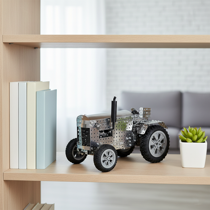 This Mechanical Tractor 3D Metal Puzzle Kit from Table Funny features a detailed design with interlocking metallic components, replicating the structure of a classic tractor. Table Funny is renowned for its interactive, screen-free build-and-play kits that blend mechanical engineering aesthetics with realistic vehicle designs. Displayed on a wooden shelf in a cozy living space, this kit serves as a distinctive display piece, adding a touch of mechanical artistry and rustic charm to home decor.