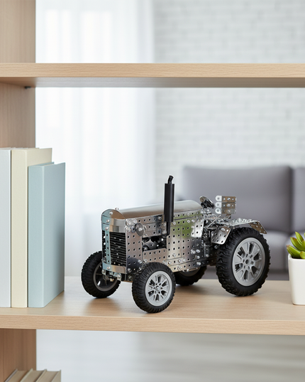 This Mechanical Tractor 3D Metal Puzzle Kit from Table Funny features a detailed design with interlocking metallic components, replicating the structure of a classic tractor. Table Funny is renowned for its interactive, screen-free build-and-play kits that blend mechanical engineering aesthetics with realistic vehicle designs. Displayed on a wooden shelf in a cozy living space, this kit serves as a distinctive display piece, adding a touch of mechanical artistry and rustic charm to home decor.