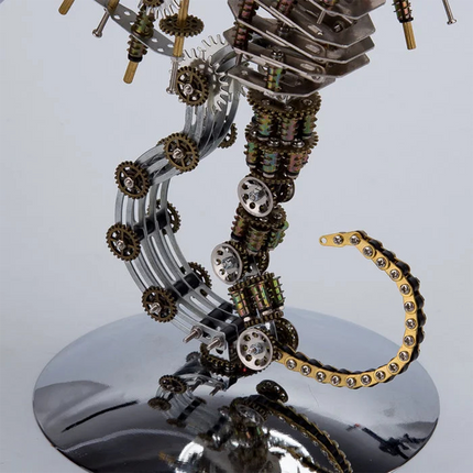 Funny table decor steampunk abstract mechanical sculpture 3D puzzle metal kit - DIY metal model with interlocking brass gears, polished steel curves, and a golden chain accent, an artistic desk centerpiece for industrial-style interiors
