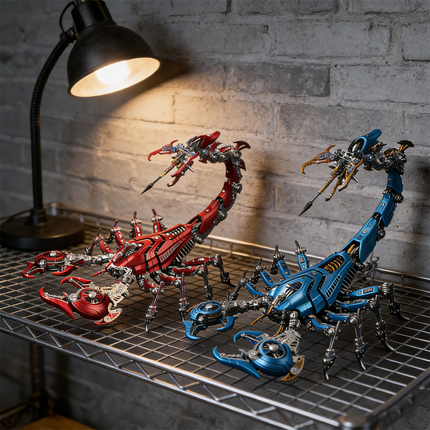 Two impressive steampunk mech scorpions, one in vivid red and the other in striking blue, displayed on a metal shelf under the warm glow of an industrial lamp. These intricately designed 3D metal model kits are captivating steampunk puzzles, perfect for collectors.