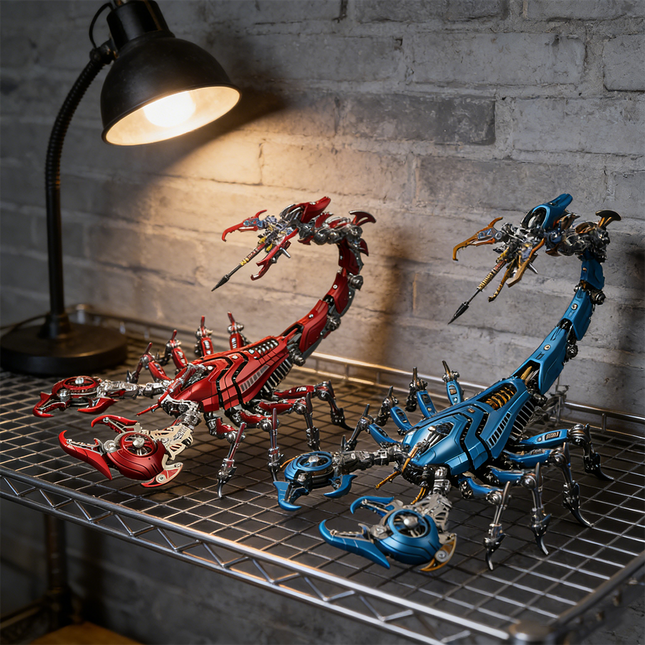 Two impressive steampunk mech scorpions, one in vivid red and the other in striking blue, displayed on a metal shelf under the warm glow of an industrial lamp. These intricately designed 3D metal model kits are captivating steampunk puzzles, perfect for collectors.