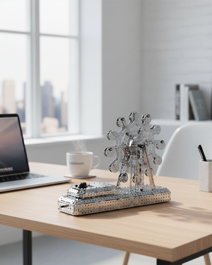 This Mechanical Ferris Wheel 3D Metal Puzzle Kit from Table Funny features a detailed design with interlocking metallic components, showcasing a realistic miniature Ferris wheel structure. Table Funny specializes in interactive, screen-free build-and-play kits that merge mechanical engineering aesthetics with whimsical designs. Displayed on a modern office desk, this kit acts as a distinctive display piece, infusing the workspace with a touch of mechanical artistry and playful charm.