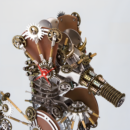 Steampunk puzzle bust metal model side view, showcasing intricate mechanical steampunk details, a spyglass attachment, and brown leather accents, an advanced 3D puzzle from Metal Kits.