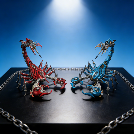 Two striking steampunk mech scorpions, one red and one blue, stand facing each other in a dynamic pose on a dark surface, surrounded by metal chains. These intricately designed 3D metal model kits make for an exciting steampunk puzzle and display.