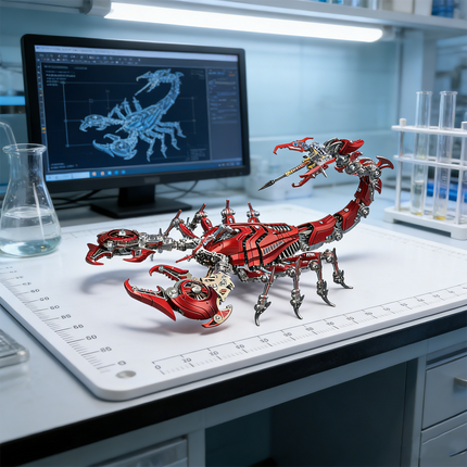 A vibrant red steampunk mech scorpion maquette en metal with intricate details, displayed on a scientific workbench alongside blueprints on a computer monitor. This complex 3D metal model kit is a challenging steampunk puzzle for enthusiasts of mechanical design.