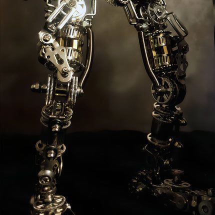  Full view of intricately designed mechanical steampunk legs from a metal model, showcasing gears and pistons. A complex 3D puzzle metal kit for advanced builders of metal models.