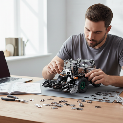 This Mechanical Agricultural Machine 3D Metal Puzzle Kit features a detailed design with interlocking metallic components and green-accented wheels. Showcased in a home office setting where an adult is engrossed in assembly, it blends mechanical engineering aesthetics with a realistic agricultural machine form. Serving as an engaging assembly project, it fosters hands-on creativity and problem-solving skills, making it ideal for hobbyists and puzzle lovers, adding a touch of mechanical craftsmanship to leis