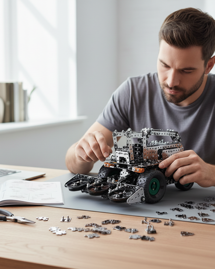 This Mechanical Agricultural Machine 3D Metal Puzzle Kit features a detailed design with interlocking metallic components and green-accented wheels. Showcased in a home office setting where an adult is engrossed in assembly, it blends mechanical engineering aesthetics with a realistic agricultural machine form. Serving as an engaging assembly project, it fosters hands-on creativity and problem-solving skills, making it ideal for hobbyists and puzzle lovers, adding a touch of mechanical craftsmanship to leis