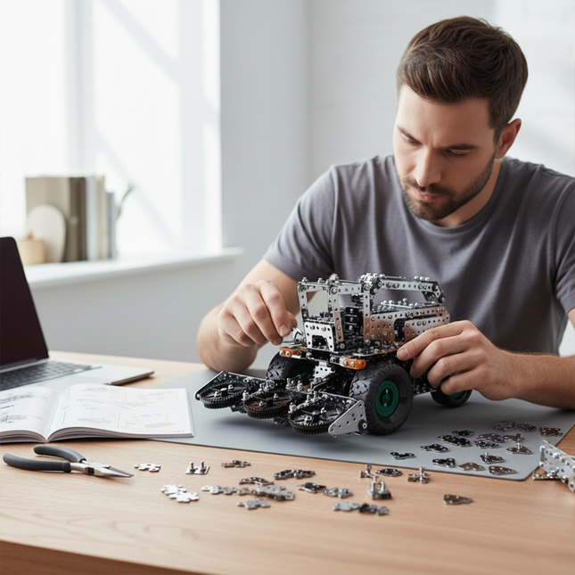 This Mechanical Agricultural Machine 3D Metal Puzzle Kit features a detailed design with interlocking metallic components and green-accented wheels. Showcased in a home office setting where an adult is engrossed in assembly, it blends mechanical engineering aesthetics with a realistic agricultural machine form. Serving as an engaging assembly project, it fosters hands-on creativity and problem-solving skills, making it ideal for hobbyists and puzzle lovers, adding a touch of mechanical craftsmanship to leis