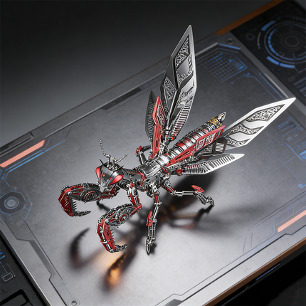 A formidable steampunk mech praying mantis maquette en metal with red and silver accents, displayed on a futuristic metallic surface with holographic elements. This advanced 3D metal model kit presents an intricate steampunk puzzle for collectors and enthusiasts.