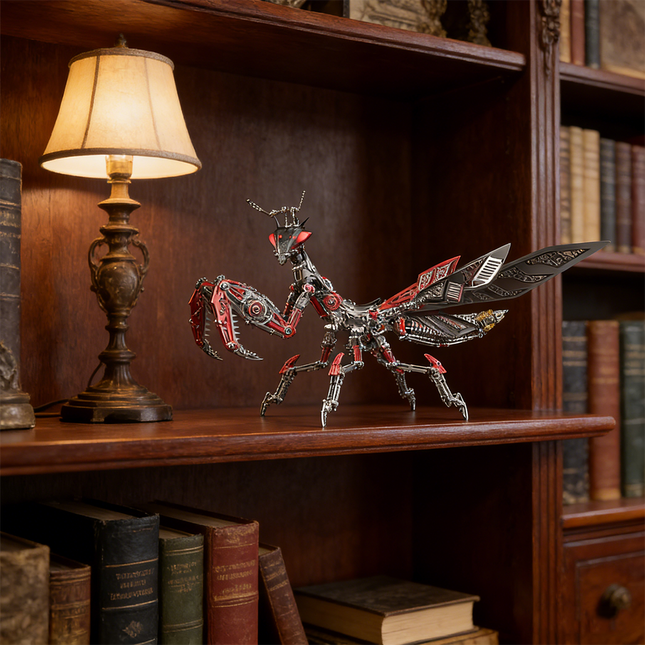 An impressive steampunk mech praying mantis maquette en metal with red and black accents, displayed on a wooden bookshelf under the soft glow of a vintage lamp. This detailed 3D metal model kit is a perfect steampunk puzzle for collectors.