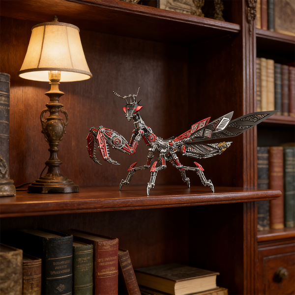 An impressive steampunk mech praying mantis maquette en metal with red and black accents, displayed on a wooden bookshelf under the soft glow of a vintage lamp. This detailed 3D metal model kit is a perfect steampunk puzzle for collectors.