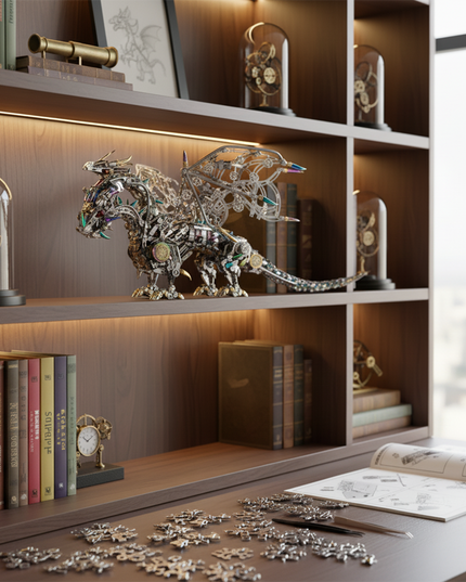 Exquisite steampunk hell tri-dragon metal model, a captivating DIY 3D assembly metal kit displayed on a wooden shelf, with scattered metal puzzle pieces and assembly instructions on the whimsical table below.