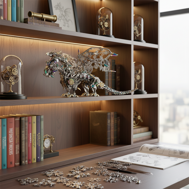Exquisite steampunk hell tri-dragon metal model, a captivating DIY 3D assembly metal kit displayed on a wooden shelf, with scattered metal puzzle pieces and assembly instructions on the whimsical table below.