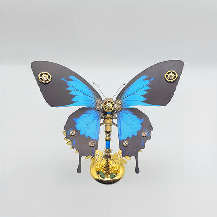 Close-up of assembled 3D puzzle metal kits - steampunk butterfly metal model with gear accents, creative DIY funny table craft