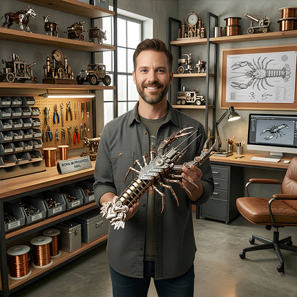 Professional maker with a steam punk mech lobster sculpture and a collection of mechanical steampunk art pieces.