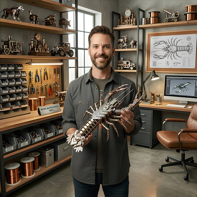Professional maker with a steam punk mech lobster sculpture and a collection of mechanical steampunk art pieces.