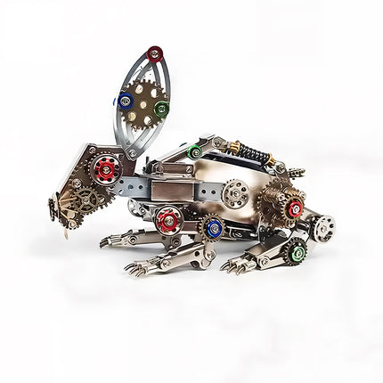 `Steampunk puzzle` rabbit `metal model` in a crouching pose, featuring colorful gears and intricate `mechanical steampunk` design, perfect for `3D puzzle Metal Kits` collectors.