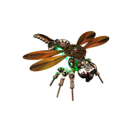 This Mechanical Dragonfly 3D puzzle Metal Kit showcases a steampunk design with golden wire wings, mechanical gears, and glowing green lights. The assembly is challenging, and the finished product, with its vivid mechanical details and luminous effect, is a striking focal point for your funny table. It merges insect aesthetics with industrial art, ideal for steampunk lovers and puzzle enthusiasts, adding unique mechanical and visual charm to your space.