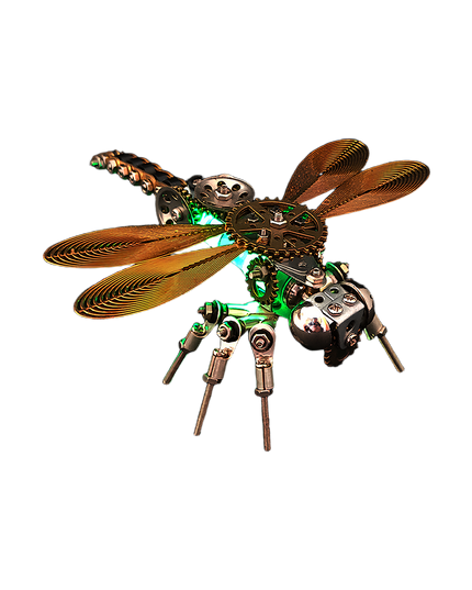 This Mechanical Dragonfly 3D puzzle Metal Kit showcases a steampunk design with golden wire wings, mechanical gears, and glowing green lights. The assembly is challenging, and the finished product, with its vivid mechanical details and luminous effect, is a striking focal point for your funny table. It merges insect aesthetics with industrial art, ideal for steampunk lovers and puzzle enthusiasts, adding unique mechanical and visual charm to your space.