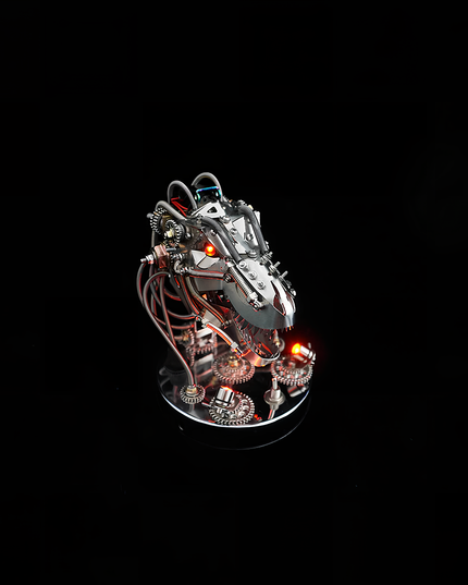 Tablefunny Mechanical T-Rex head metal assembly, showcasing its menacing red eyes and intricate steampunk design. A unique tablefunny desktop sculpture, perfect for collectors of mechanical art