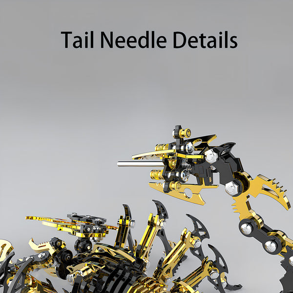 Tail Needle Details of a gold and black mechanical scorpion metal model, showcasing the intricate mechanism and sharp design of its stinger. This DIY 3D puzzle highlights the precision engineering of the Metal Kits, making a captivating funny table display.