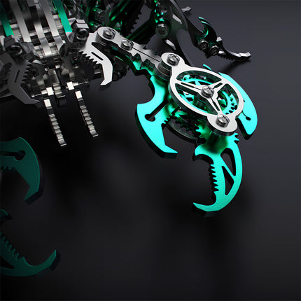 Turquoise Scorpion Pincers Detail of 3D Puzzle Metal Kits - Close-up of the movable, gear-integrated pincers from this DIY metal model. The polished turquoise metal components and precise screw connections (hallmarks of this 3D puzzle kit) create a striking mechanical design, perfect for assembling a dynamic decor piece that elevates any funny table display.