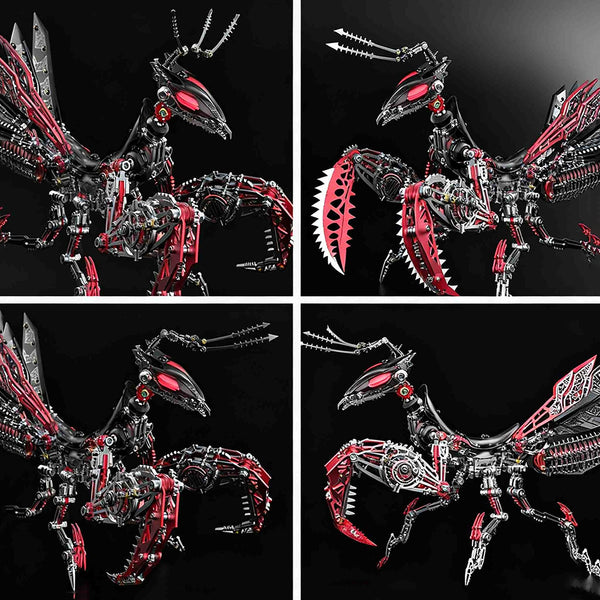 Collage of four detailed views of an articulated mechanical praying mantis metal model, showcasing its customizable forelegs and intricate red and silver components. This advanced metal model kit offers versatility for enthusiasts of mechanical metal puzzles.