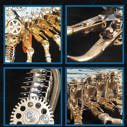 4-grid detail showcase of DIY 3D puzzle metal model: Gears, clamp, spring & connectors, highlighting precision of high-difficulty kit