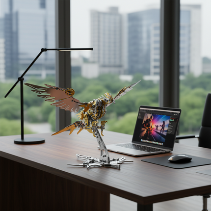 A sophisticated golden and silver DIY 3D puzzle Metal Kits phoenix metal model elegantly perched on a modern office desk, next to a laptop. This impressive metal model serves as a unique funny table decoration or an inspiring piece for creative professionals