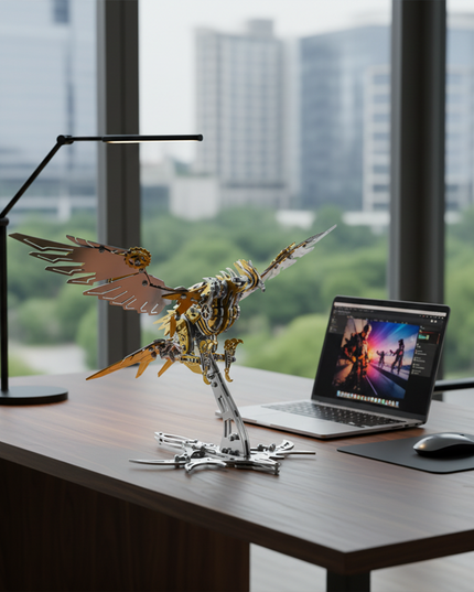 A sophisticated golden and silver DIY 3D puzzle Metal Kits phoenix metal model elegantly perched on a modern office desk, next to a laptop. This impressive metal model serves as a unique funny table decoration or an inspiring piece for creative professionals