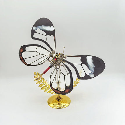 Striking steampunk puzzle butterfly metal model with clear and black-patterned wings, an exquisite 3D puzzle Metal Kit for mechanical steampunk collectors.
