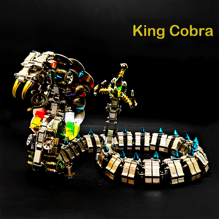 Steampunk King Cobra 3D Puzzle Metal Kit - A magnificent fun toy for mechanics and design aficionados, this DIY-assembled piece features a mechanical king cobra with intricate gears, colorful components, spiked scales, and a commanding presence. It embodies "a fusion of reptilian majesty and steampunk ingenuity", challenging you to craft a regal piece of mechanical artistry with precision.
