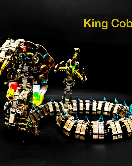 Steampunk King Cobra 3D Puzzle Metal Kit - A magnificent fun toy for mechanics and design aficionados, this DIY-assembled piece features a mechanical king cobra with intricate gears, colorful components, spiked scales, and a commanding presence. It embodies "a fusion of reptilian majesty and steampunk ingenuity", challenging you to craft a regal piece of mechanical artistry with precision.