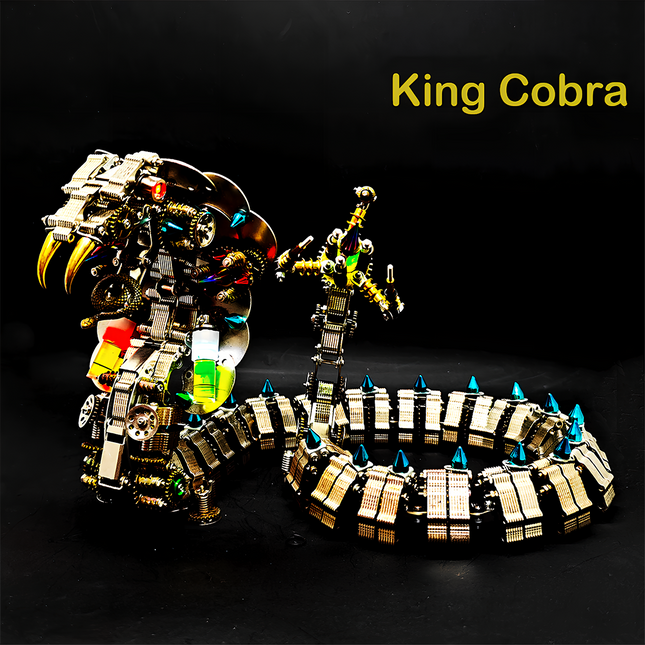Steampunk King Cobra 3D Puzzle Metal Kit - A magnificent fun toy for mechanics and design aficionados, this DIY-assembled piece features a mechanical king cobra with intricate gears, colorful components, spiked scales, and a commanding presence. It embodies "a fusion of reptilian majesty and steampunk ingenuity", challenging you to craft a regal piece of mechanical artistry with precision.