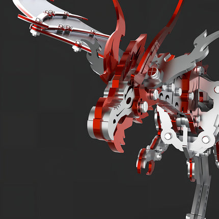 Close-up of the metal model dragon's head, revealing its intricate red and silver mechanical steampunk design and fierce features. This 3D puzzle metal kit allows for a highly detailed steampunk puzzle creation.