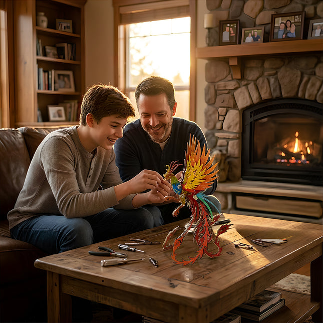 Father and son bonding over a colorful mechanical steampunk phoenix metal model in a cozy living room.