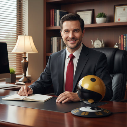 Floating yin-yang orb levitating via magnetic field over a patterned round base next to a man signing documents in a sophisticated office