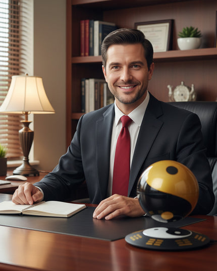 Floating yin-yang orb levitating via magnetic field over a patterned round base next to a man signing documents in a sophisticated office