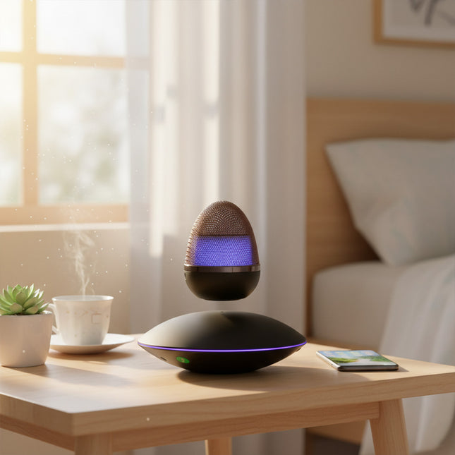 Maglev Bluetooth speaker suspended above an elliptical black base, placed beside a wooden nightstand, potted plant, and morning tea