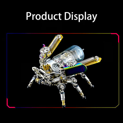 Sleek mechanical firefly metal model with a transparent vacuum tube and iridescent accents, a sophisticated 3D puzzle for steampunk collectors.