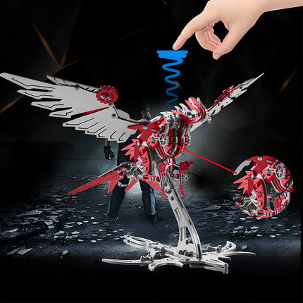 Dynamic presentation of a red and silver mechanical steampunk phoenix metal model on a stand, featuring intricate wing and body mechanisms, highlighting this interactive 3D puzzle from Metal Kits.