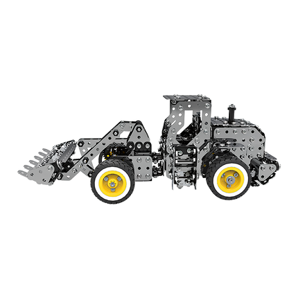 Interactive metal model front loader with bright yellow wheels—an engaging build from 3D puzzle Metal Kits that makes any funny table come alive