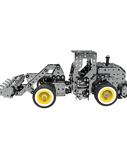 Interactive metal model front loader with bright yellow wheels—an engaging build from 3D puzzle Metal Kits that makes any funny table come alive