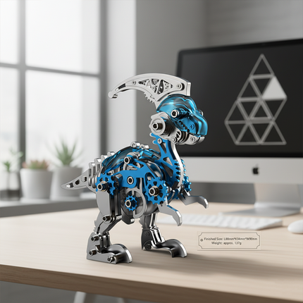 A sleek metallic Parasaurolophus model with translucent blue body panels and exposed gears, standing on a wooden desk with a computer monitor in the background, showing its finished size (L88mmW34mmH90mm) and weight (approx. 137g). This engaging metal model is a creative DIY project from our 3D puzzle metal kits, perfect for adding a touch of funny table decor.
