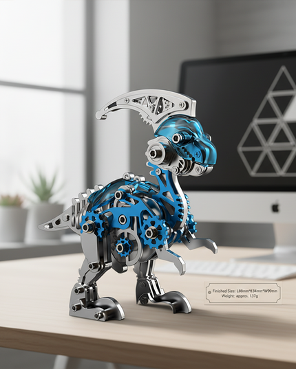 A sleek metallic Parasaurolophus model with translucent blue body panels and exposed gears, standing on a wooden desk with a computer monitor in the background, showing its finished size (L88mmW34mmH90mm) and weight (approx. 137g). This engaging metal model is a creative DIY project from our 3D puzzle metal kits, perfect for adding a touch of funny table decor.