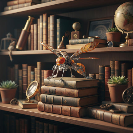 Vintage library shelf adorned with a detailed metal insect model kit, perfect for a sophisticated study.