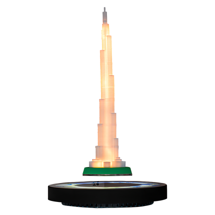 Floating illuminated tower model on a magnetic levitation base, unique desk decor