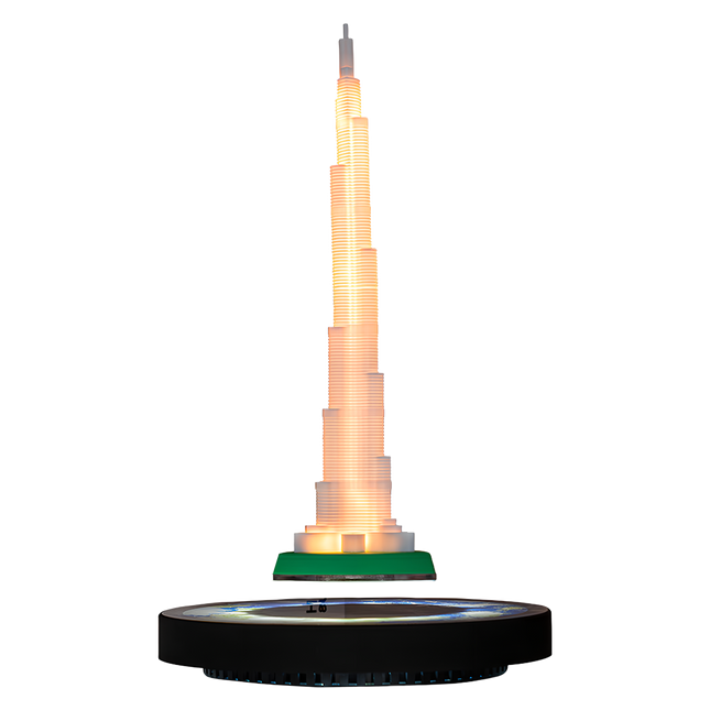 Floating illuminated tower model on a magnetic levitation base, unique desk decor